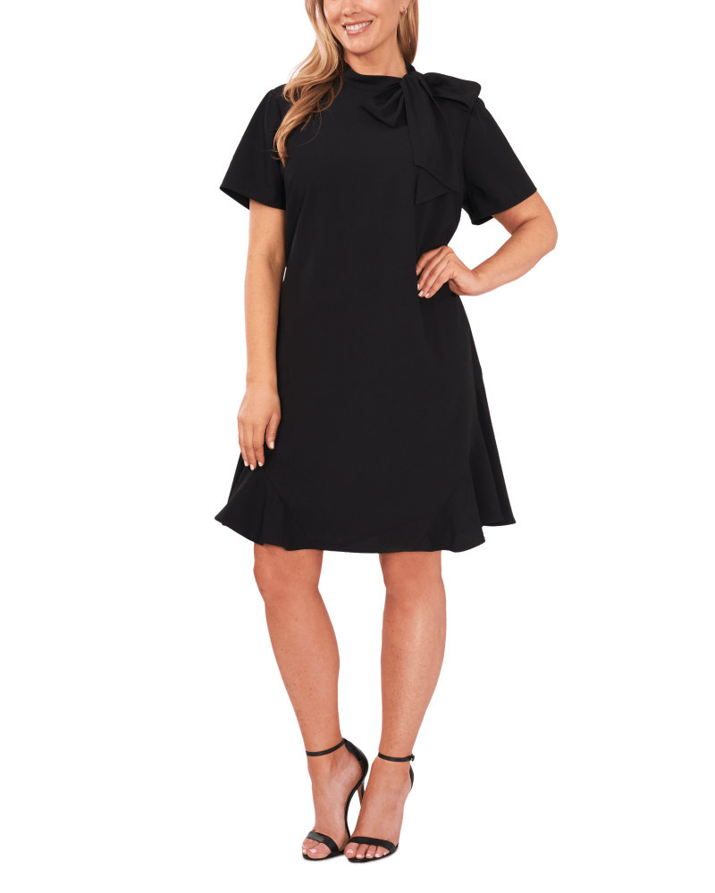 Front of a model wearing a size 14W Brena A-line Dress in RICH BLACK by CeCe. | dia_product_style_image_id:263731